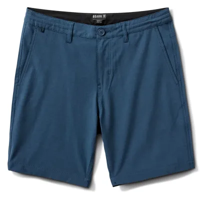 Front view of ROARK Hytide Hybrid Shorts in Navy with button closure and belt loops.