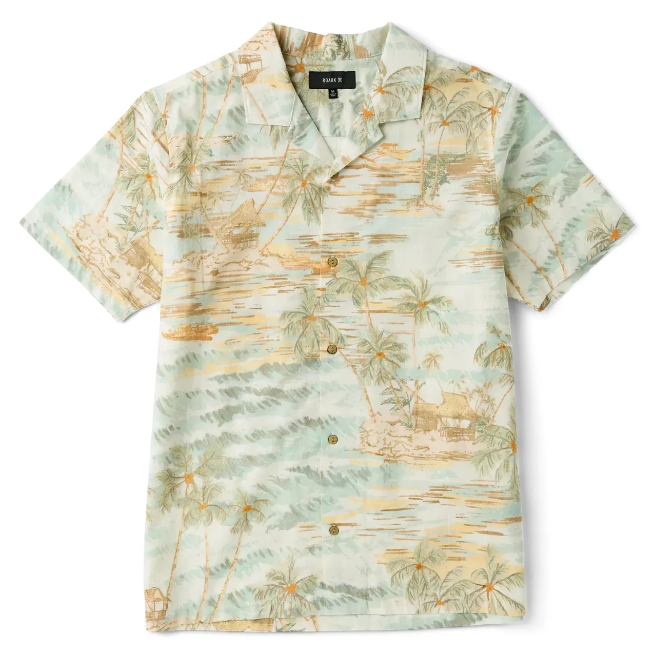 Front view of Roark Gonzo shirt in Seafoam with tropical island print featuring palm trees and shoreline scenes.
