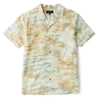 Front view of Roark Gonzo shirt in Seafoam with tropical island print featuring palm trees and shoreline scenes.