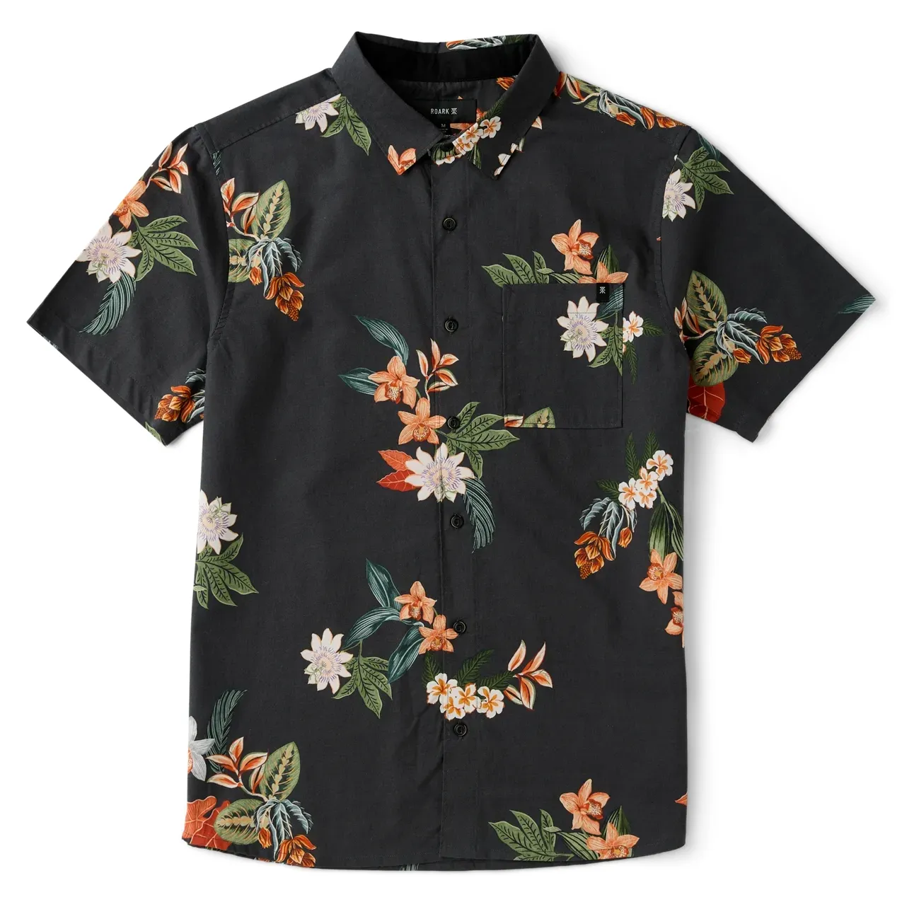 Front view of Roark Journey Shirt in Onyx black with all-over tropical floral print in orange, cream, and green.