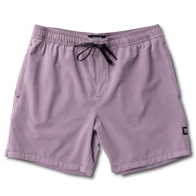 Front view of Roark Shorey Boardshorts in Washed Dusty Lilac with elastic waistband and black drawstring.