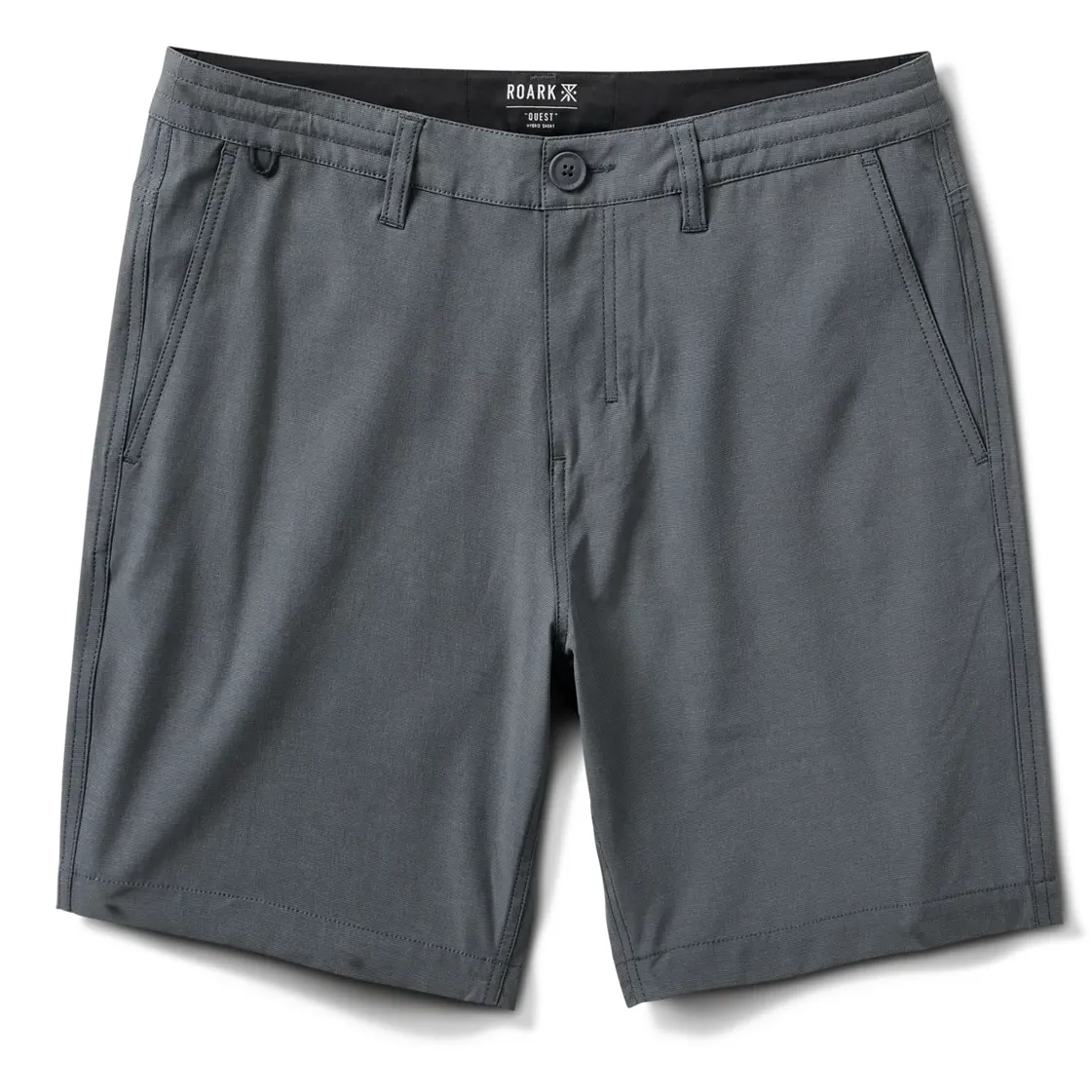 Front view of Hytide Hybrid Shorts in Charcoal with button closure and belt loops.
