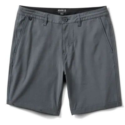 Front view of Hytide Hybrid Shorts in Charcoal with button closure and belt loops.