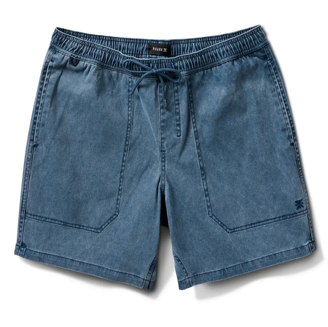Front view of ROARK Made To Fade Shorts in Washed Navy with elastic waistband and drawstring.