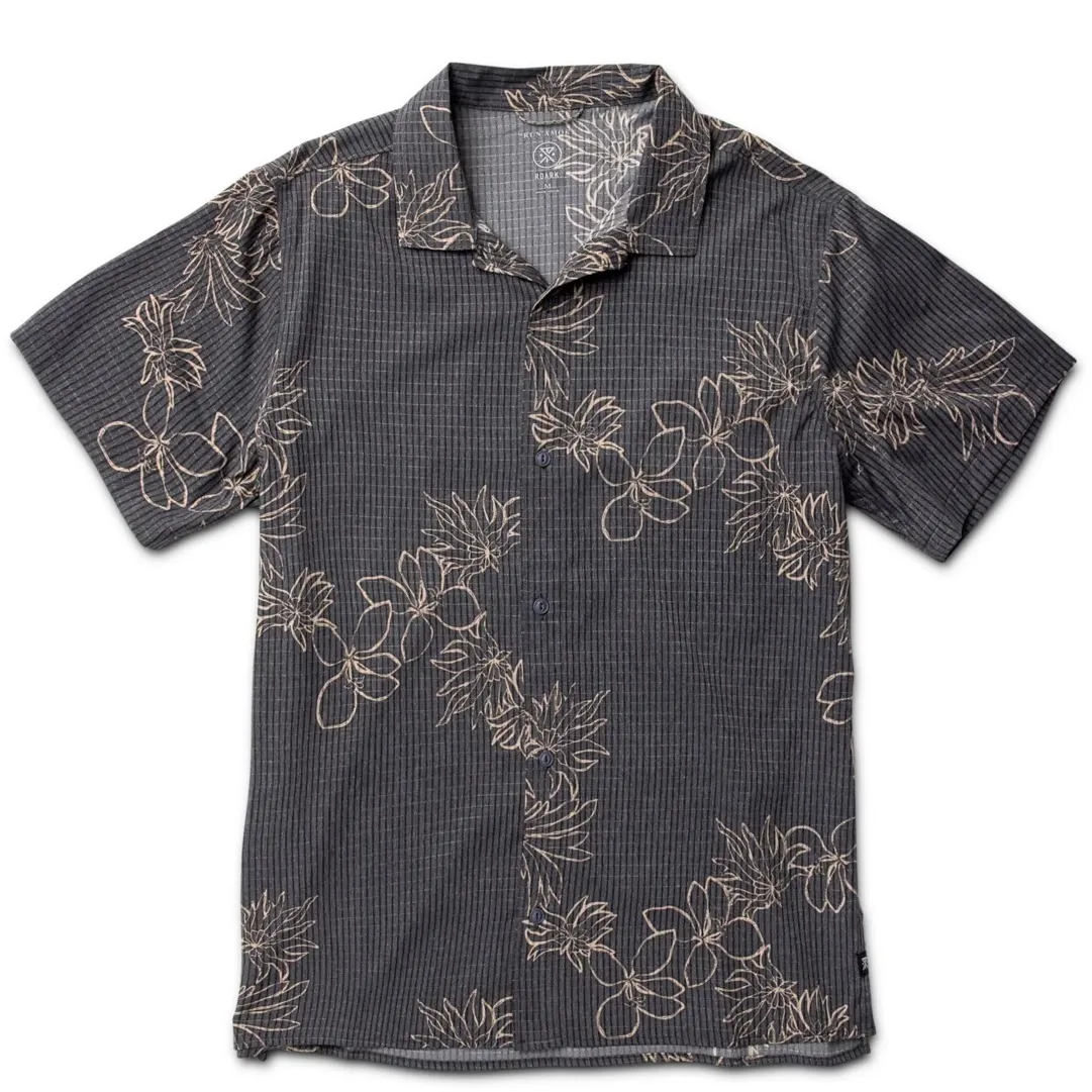 front view of Bless Up Trail shirt in Onyx with beige floral print and short sleeves.