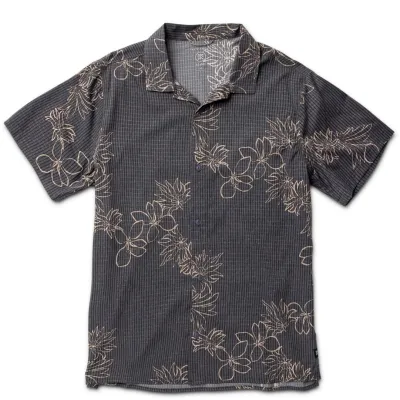 front view of Bless Up Trail shirt in Onyx with beige floral print and short sleeves.