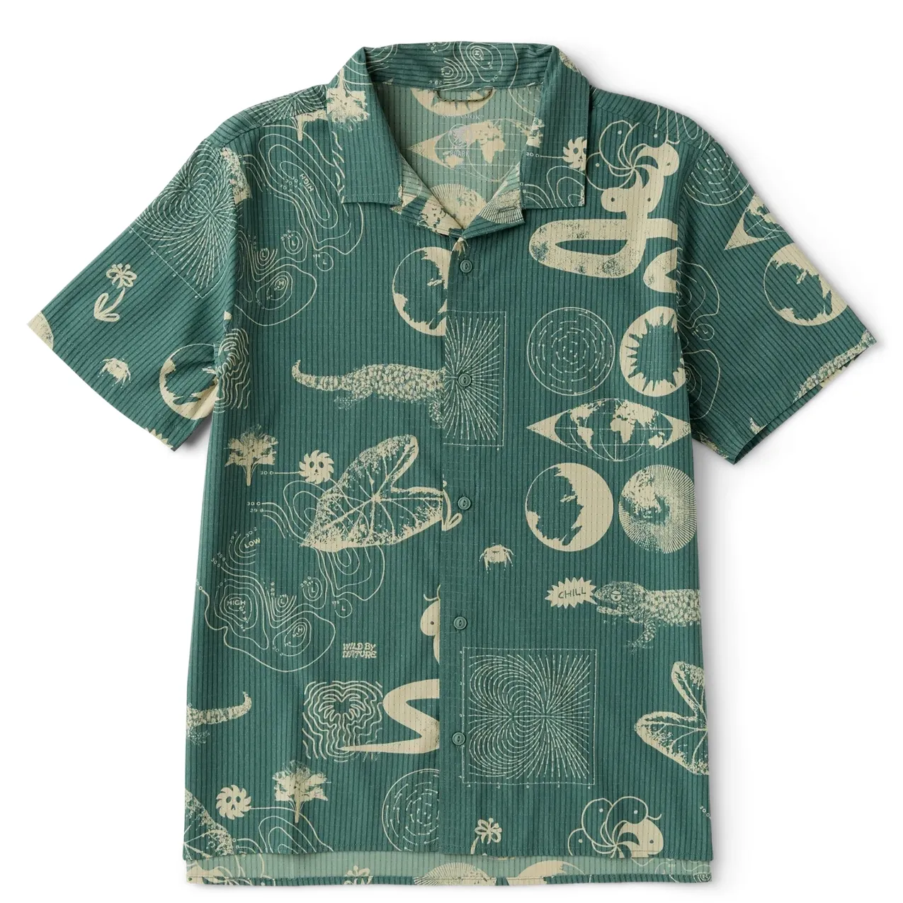Front view of Bless Up Trail shirt in Slate Green with cream abstract nature print and short sleeves.