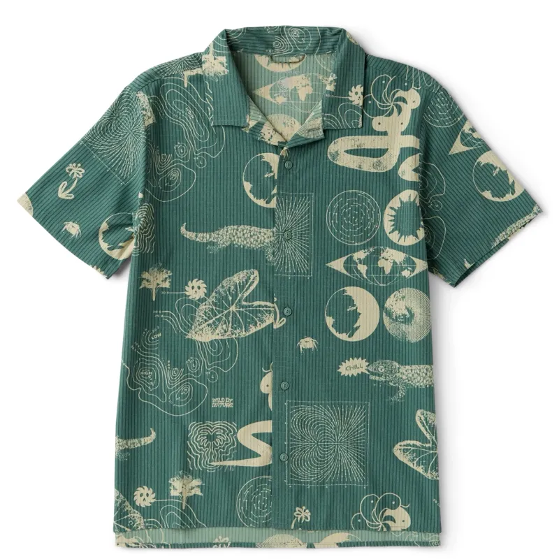 Front view of Bless Up Trail shirt in Slate Green with cream abstract nature print and short sleeves.