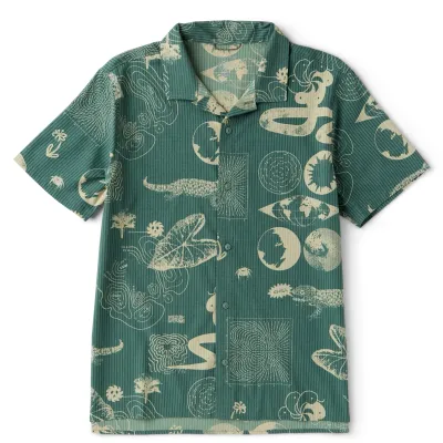 Front view of Bless Up Trail shirt in Slate Green with cream abstract nature print and short sleeves.