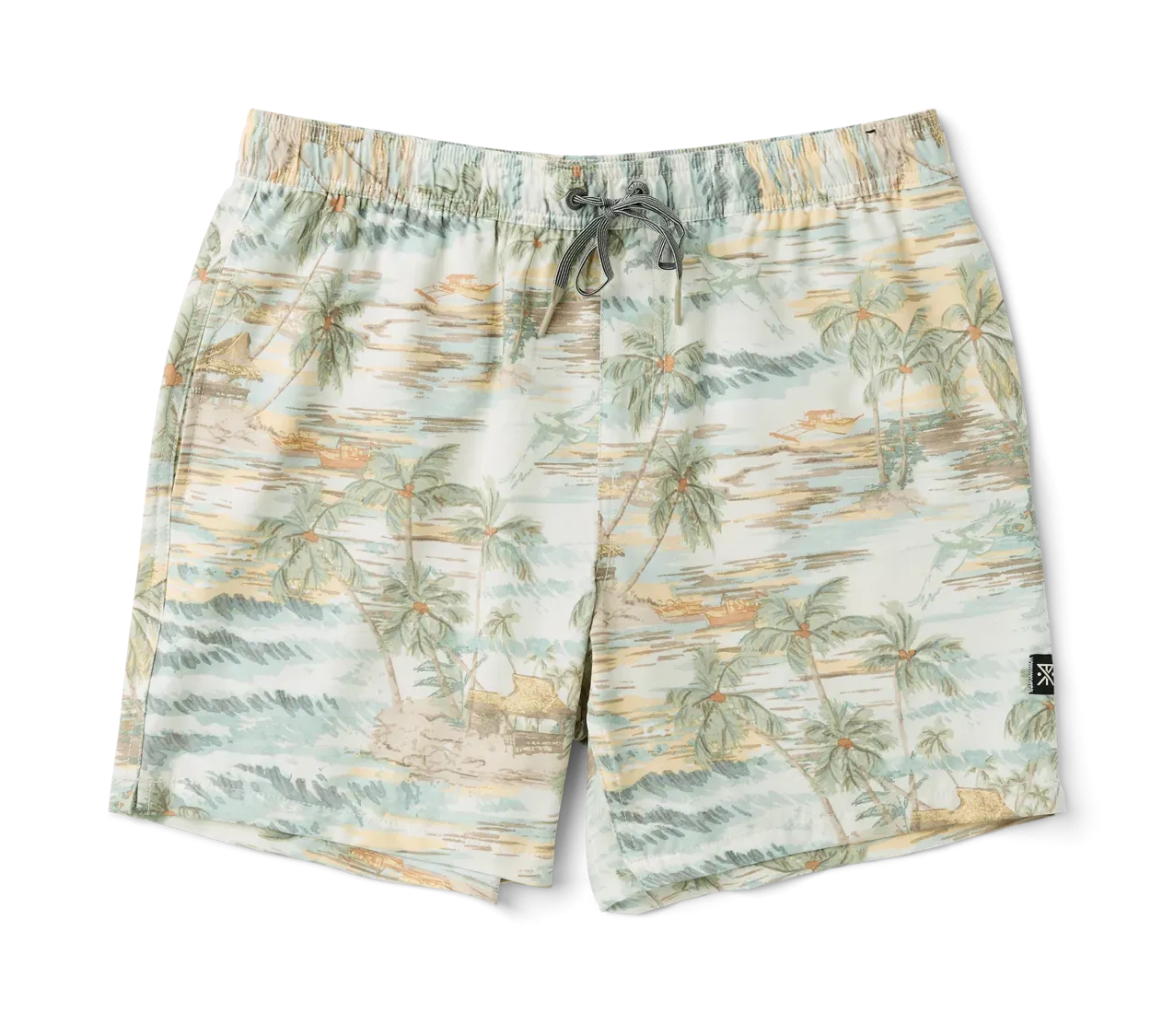 Front view of Roark Shorey Boardshorts in Unbleached with tropical island print and elastic drawstring waist.