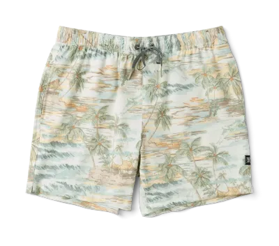 Front view of Roark Shorey Boardshorts in Unbleached with tropical island print and elastic drawstring waist.