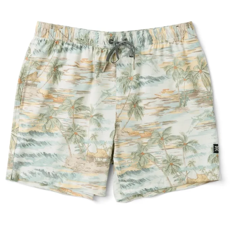 Front view of Roark Shorey Boardshorts in Unbleached with tropical island print and elastic drawstring waist.