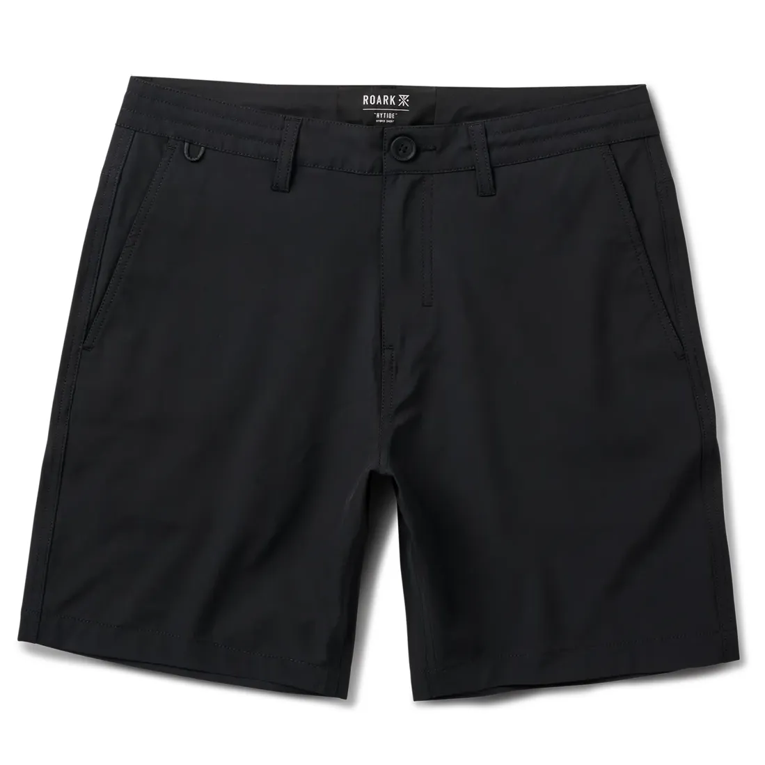 Front view of Hytide Hybrid Shorts in Black with button closure and belt loops.