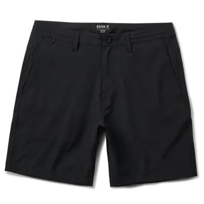 Front view of Hytide Hybrid Shorts in Black with button closure and belt loops.
