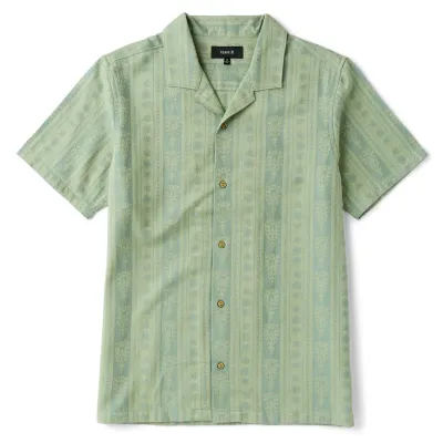 Front view of Roark Gonzo shirt in Dusty Green with subtle vertical woven stripe pattern and short sleeves.