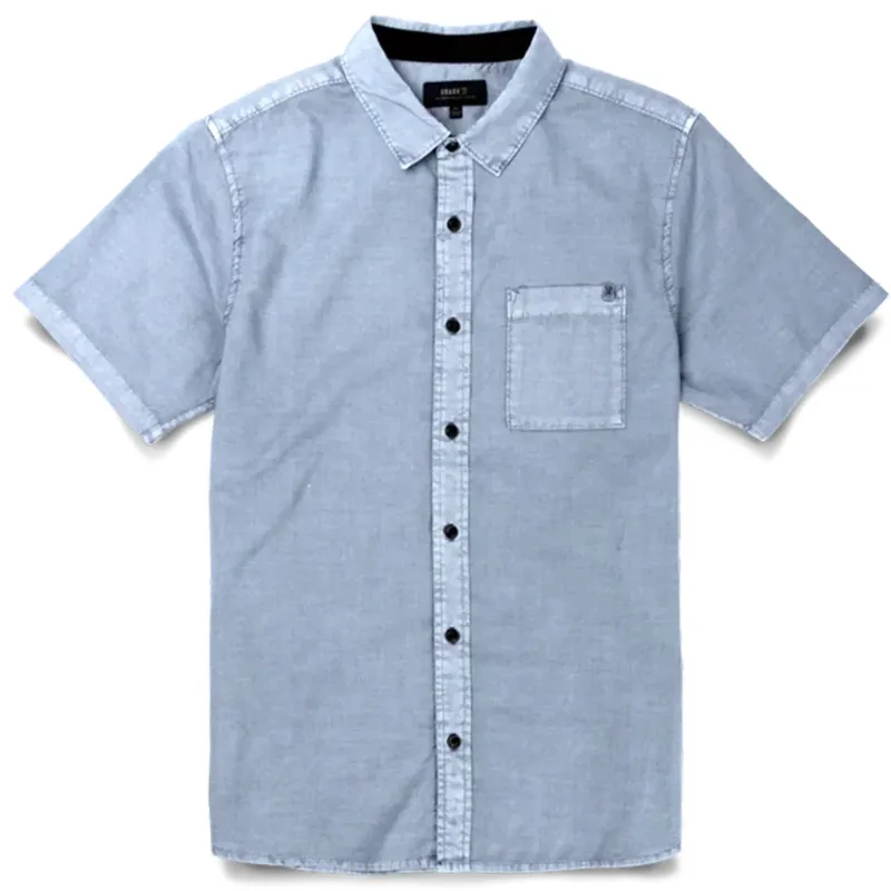 Men’s washed slate short sleeve button-up shirt with chest pocket and faded finish
