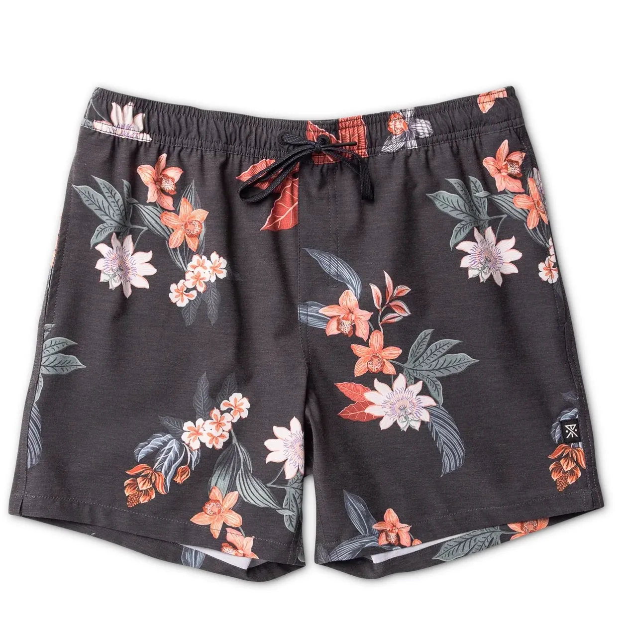 Front view of Roark Shorey Boardshorts in Onyx with elastic waist, drawstring closure, and bold tropical floral pattern.