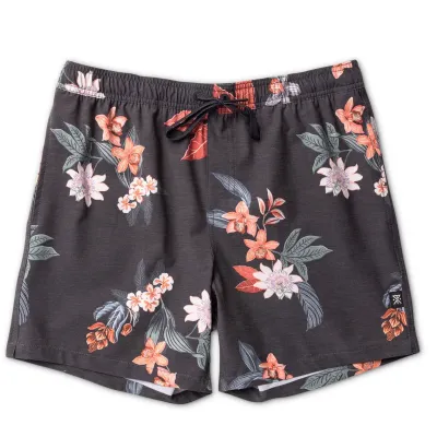 Front view of Roark Shorey Boardshorts in Onyx with elastic waist, drawstring closure, and bold tropical floral pattern.