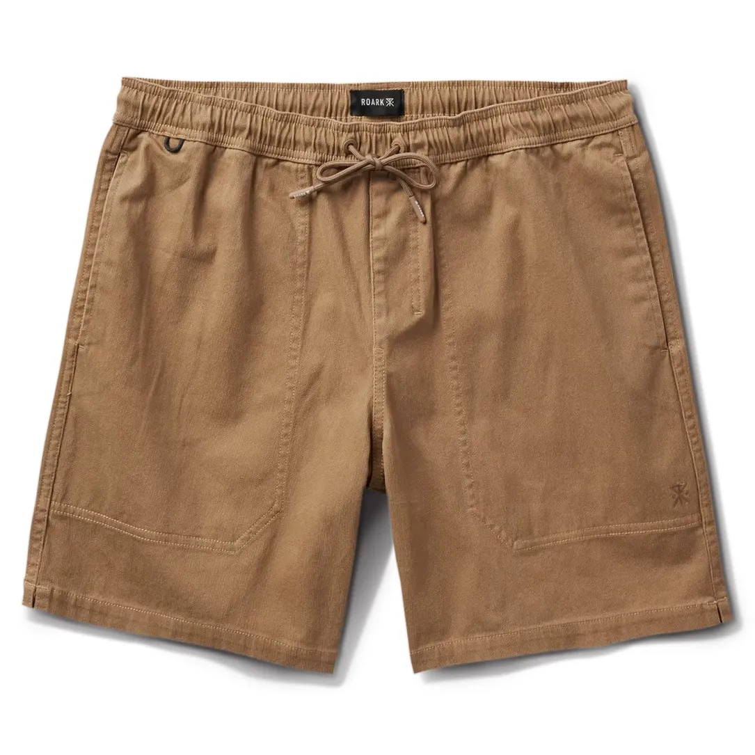 Front view of ROARK Made To Fade Shorts in Washed Khaki with elastic waistband and drawstring.