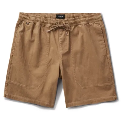 Front view of ROARK Made To Fade Shorts in Washed Khaki with elastic waistband and drawstring.
