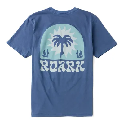 Back flat lay view of ROARK Palm Premium Tee in Neptune featuring large palm graphic and ROARK logo.