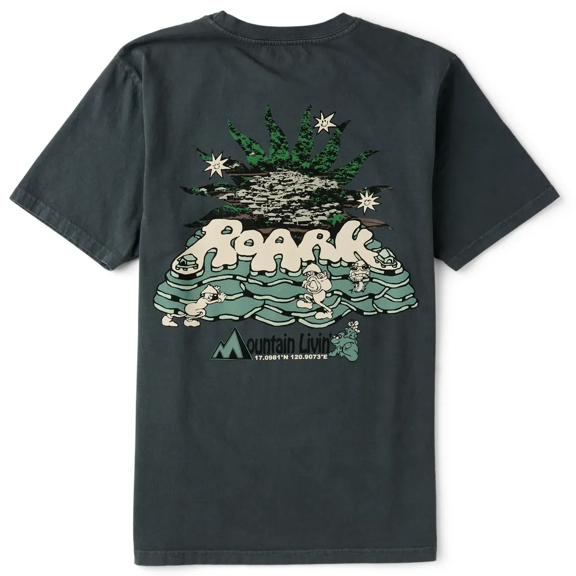 Back flat lay view of ROARK Mountain Livin Tee in charcoal featuring large illustrated graphic and ROARK logo.