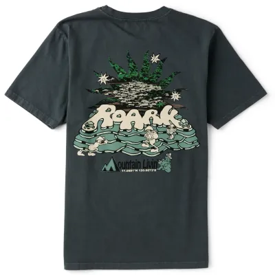 Back flat lay view of ROARK Mountain Livin Tee in charcoal featuring large illustrated graphic and ROARK logo.