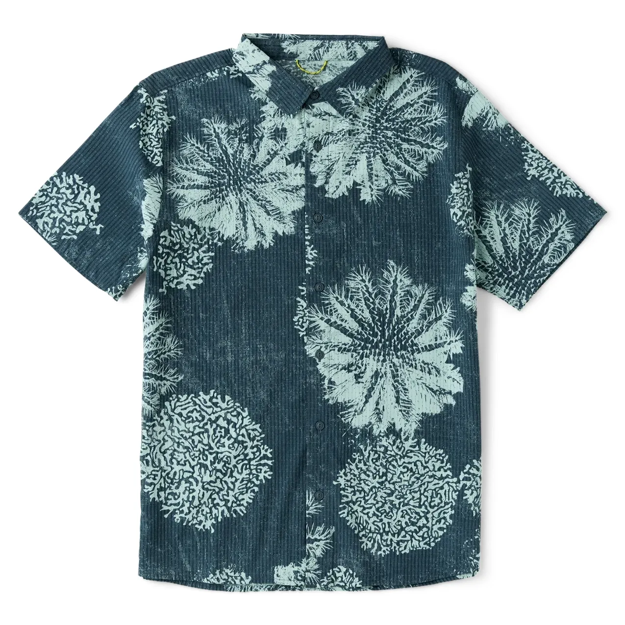 Front flat lay of ROARK Bless Up Shirt in Navy Pukpulko with large tropical floral print and short sleeves.