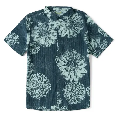 Front flat lay of ROARK Bless Up Shirt in Navy Pukpulko with large tropical floral print and short sleeves.