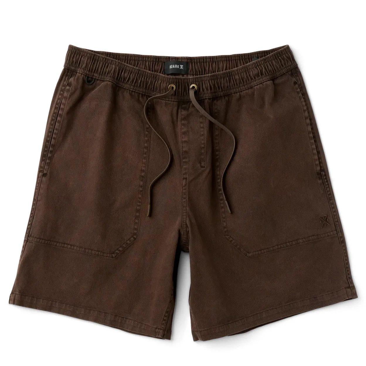 Front view of ROARK Made To Fade Shorts in Cocoa Bean with elastic waistband and drawstring.