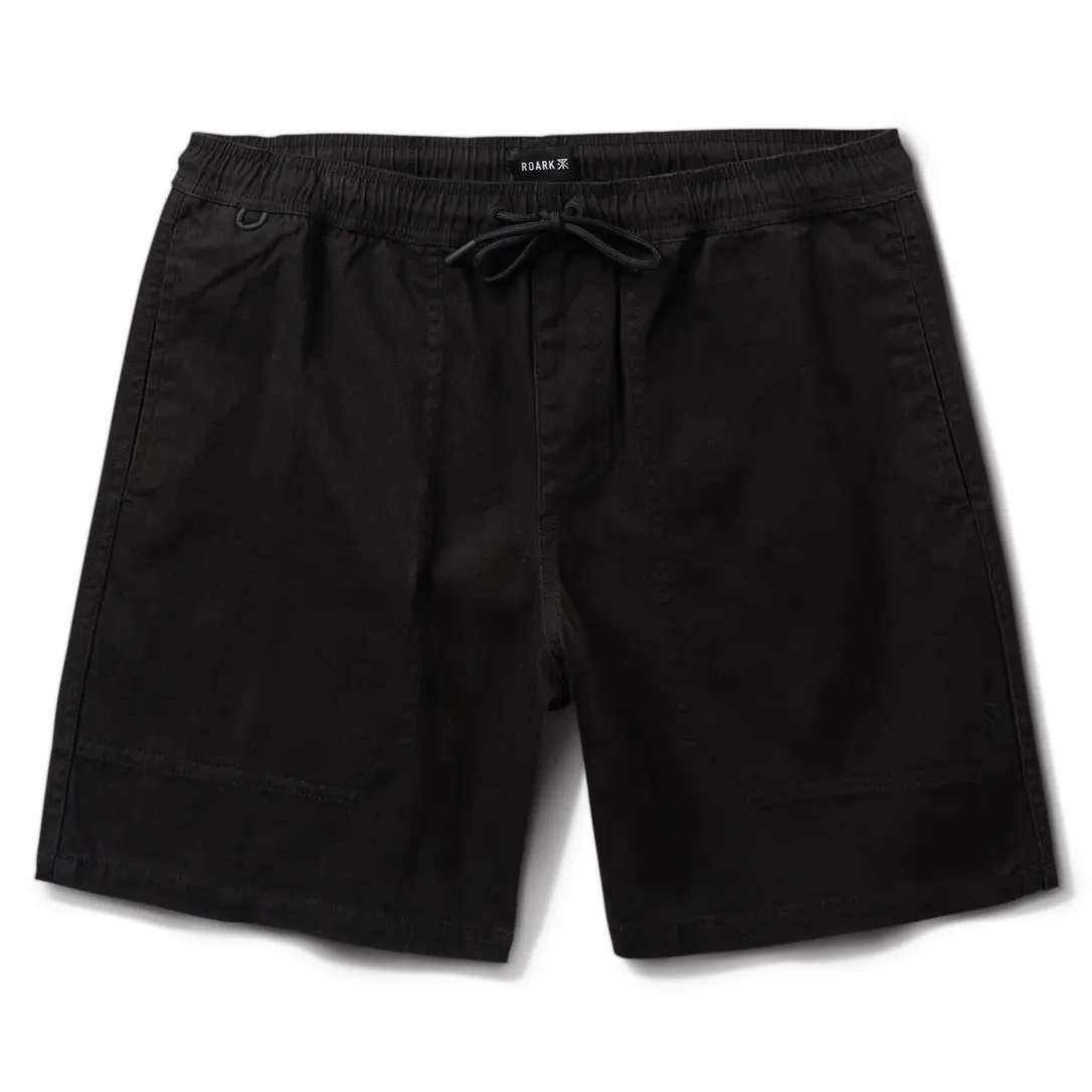 Front view of ROARK Made To Fade Shorts in Washed Black with elastic waistband and drawstring.