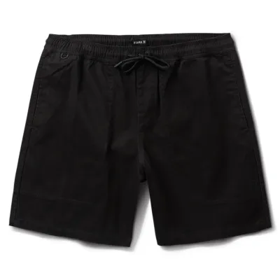 Front view of ROARK Made To Fade Shorts in Washed Black with elastic waistband and drawstring.