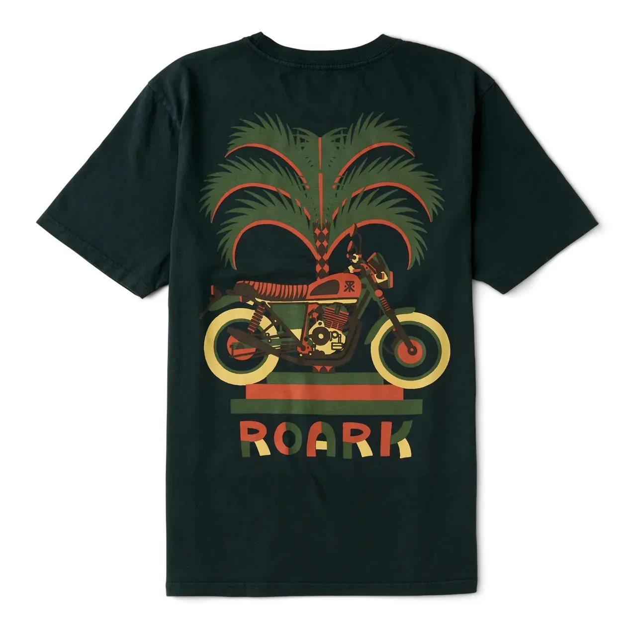 Back flat lay view of ROARK Moto Palm Tee in washed black featuring large motorcycle and palm tree graphic with ROARK logo.