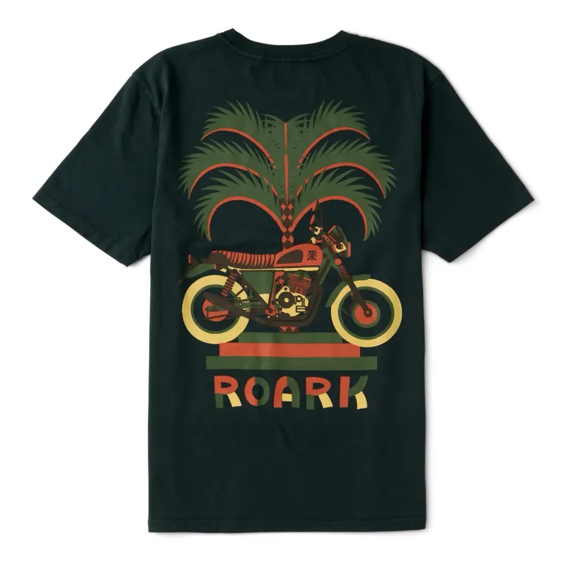 Back flat lay view of ROARK Moto Palm Tee in washed black featuring large motorcycle and palm tree graphic with ROARK logo.