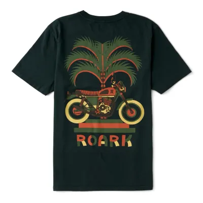 Back flat lay view of ROARK Moto Palm Tee in washed black featuring large motorcycle and palm tree graphic with ROARK logo.