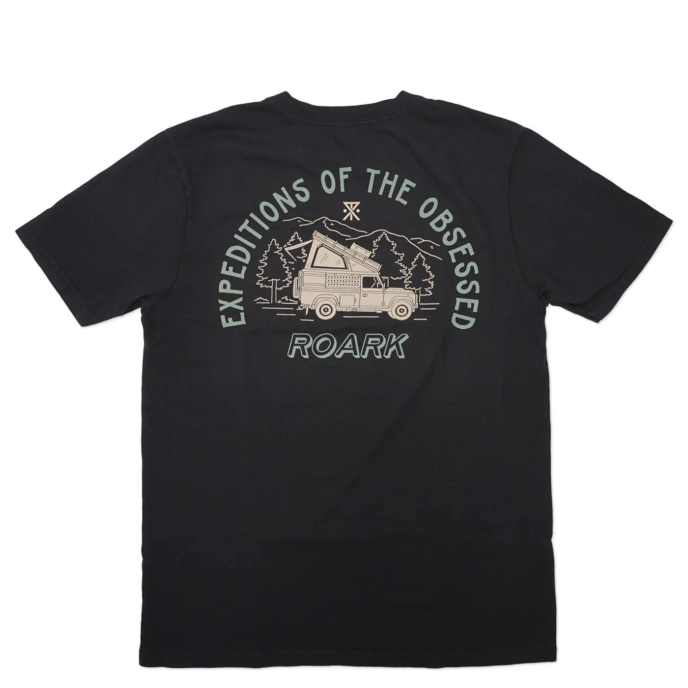 Roark Camper Premium Tee in washed black showing large back graphic