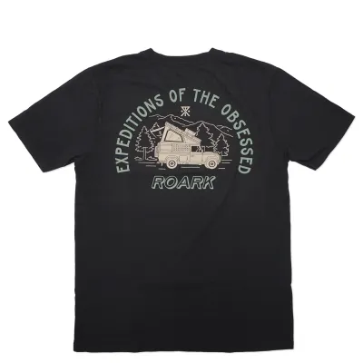 Roark Camper Premium Tee in washed black showing large back graphic