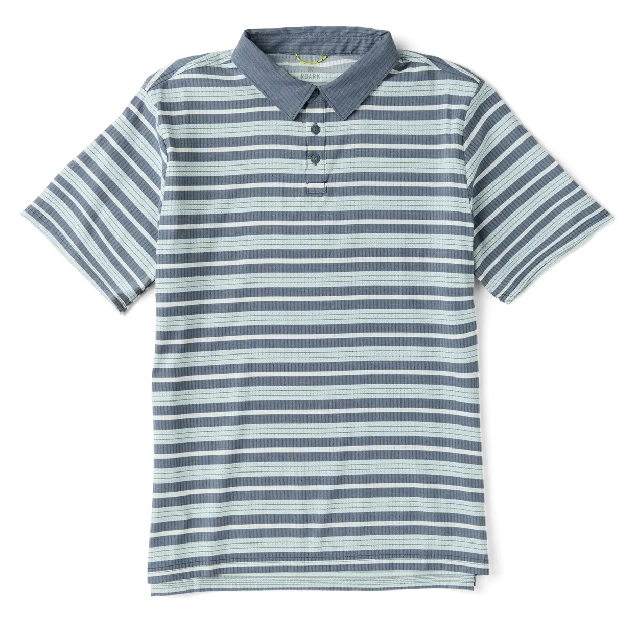 Front flat lay view of ROARK Bless Up Polo in Neptune with blue and seafoam horizontal stripes.