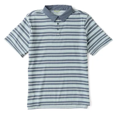 Front flat lay view of ROARK Bless Up Polo in Neptune with blue and seafoam horizontal stripes.