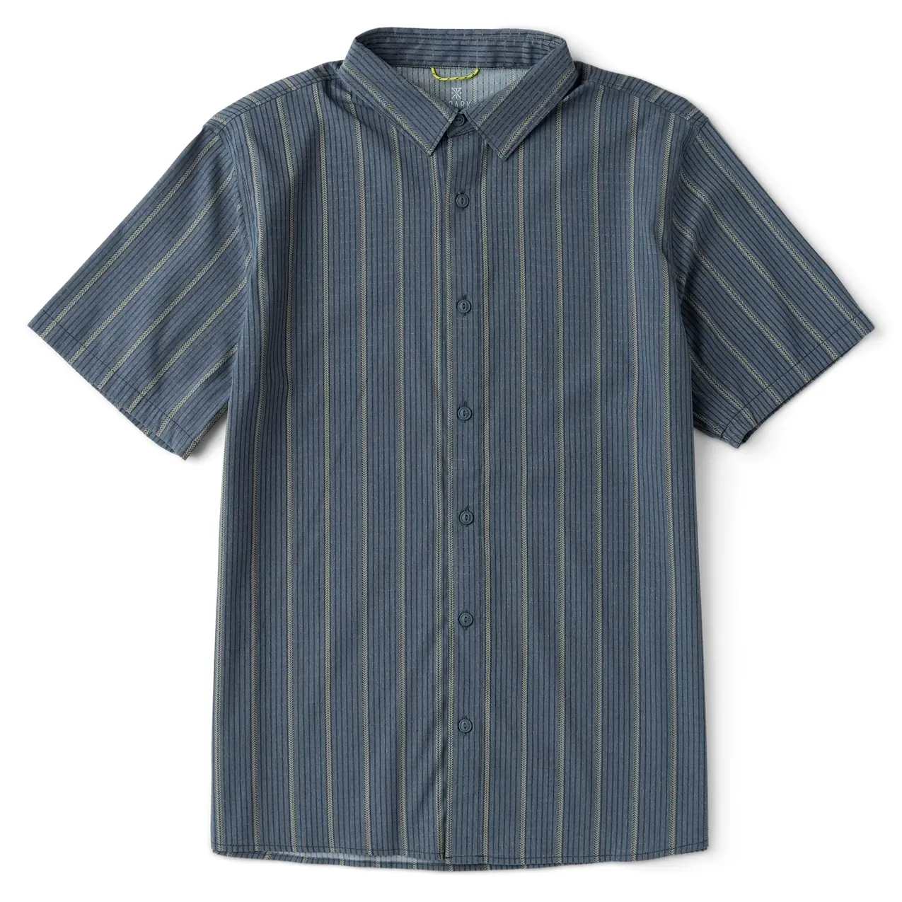 Front flat lay of ROARK Bless Up Shirt in Neptune with vertical stripe pattern and short sleeves.