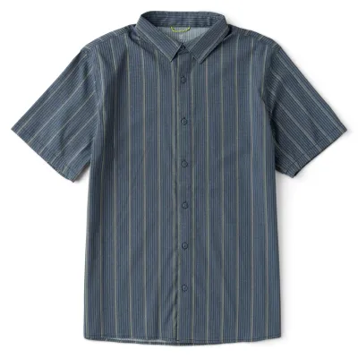 Front flat lay of ROARK Bless Up Shirt in Neptune with vertical stripe pattern and short sleeves.