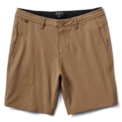 Front flat lay of ROARK Hytide Hybrid Short in Dark Khaki.