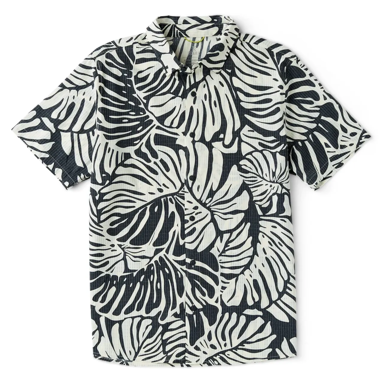 ROARK BLESS UP SHORT SLEEVE BUTTON UP SHIRT Front flat lay of Bless Up Breathable Stretch Shirt in Black Monstera print.
