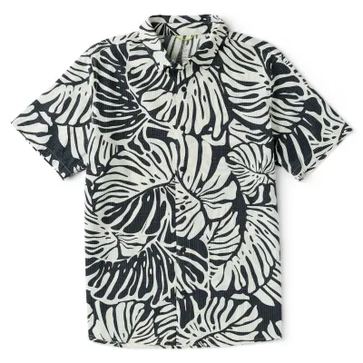 Front flat lay of Bless Up Breathable Stretch Shirt in Black Monstera print.