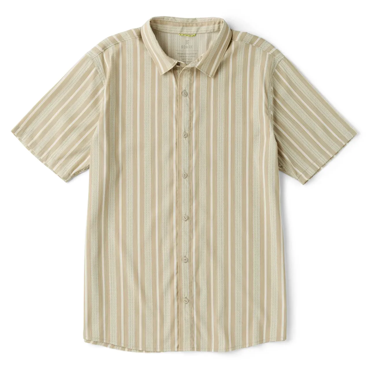 Front flat lay of ROARK Bless Up Shirt in Beige with vertical stripe pattern and short sleeves.