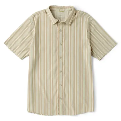 Front flat lay of ROARK Bless Up Shirt in Beige with vertical stripe pattern and short sleeves.