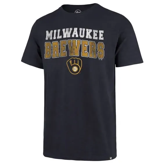 Milwaukee Brewers Fall Navy T-Shirt With Milwaukee Brewers Text Graphic And Team Glove Logo On Chest.