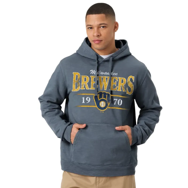 Front View Of The '47 Milwaukee Brewers Reclaimed Slub French Terry Hoodie In Rusted Navy With Brewers Graphic Logo.