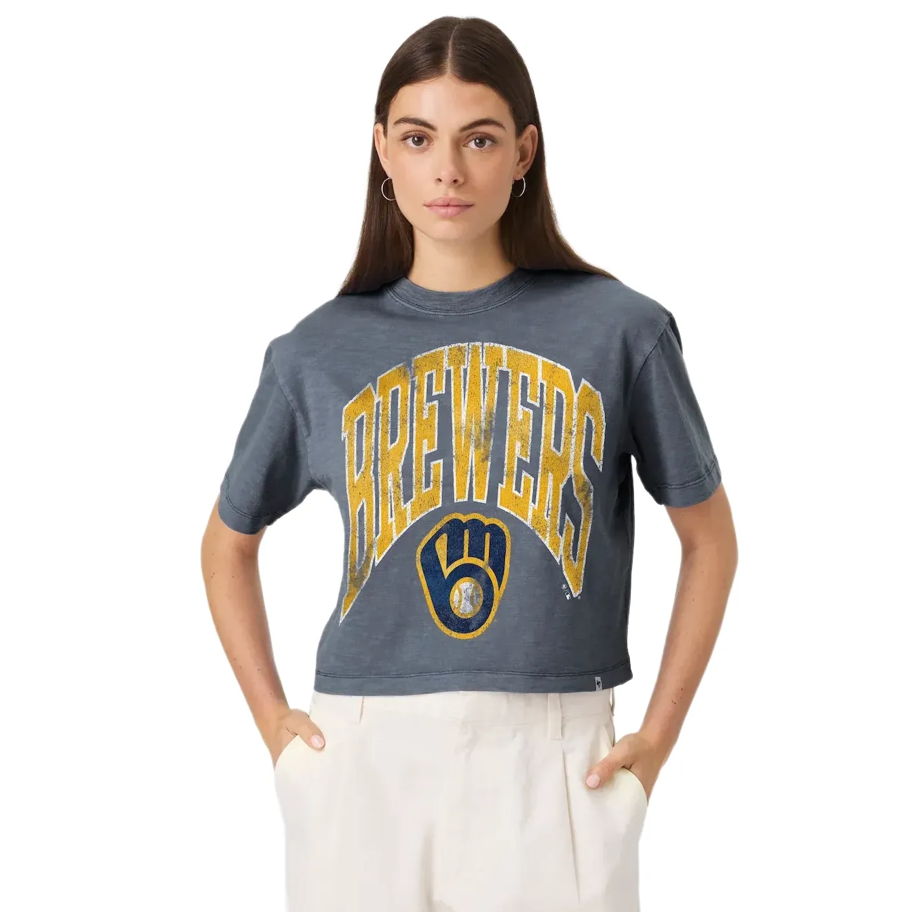 Women’s Milwaukee Brewers Rusted Navy Cropped Tee With Large Brewers Arch Graphic And Team Glove Logo.