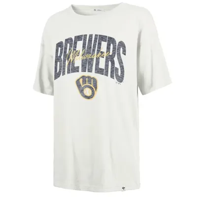 Women’s Milwaukee Brewers Sandstone T-Shirt With Large Brewers Graphic, Script Milwaukee Text And Team Glove Logo.